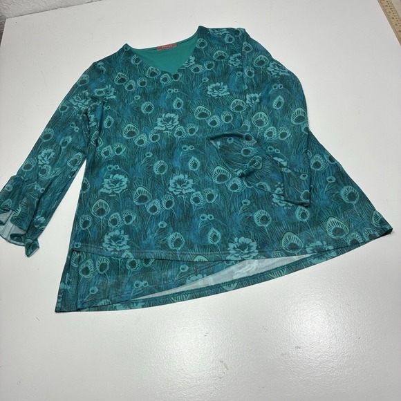 O'Aimaya Women's Top Size Large Blue Green Floral Abstract Print-V-neck Tunic - Picture 3 of 16